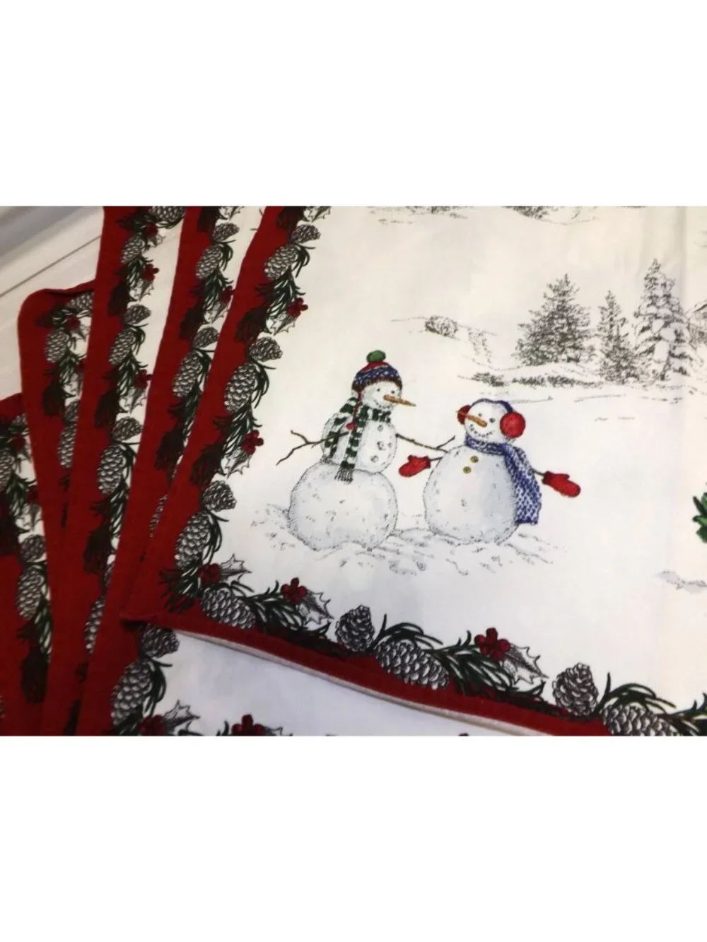 Williams Sonoma Winter Scene Cotton Napkins Set Of 6 Red & White Snowman & Deer